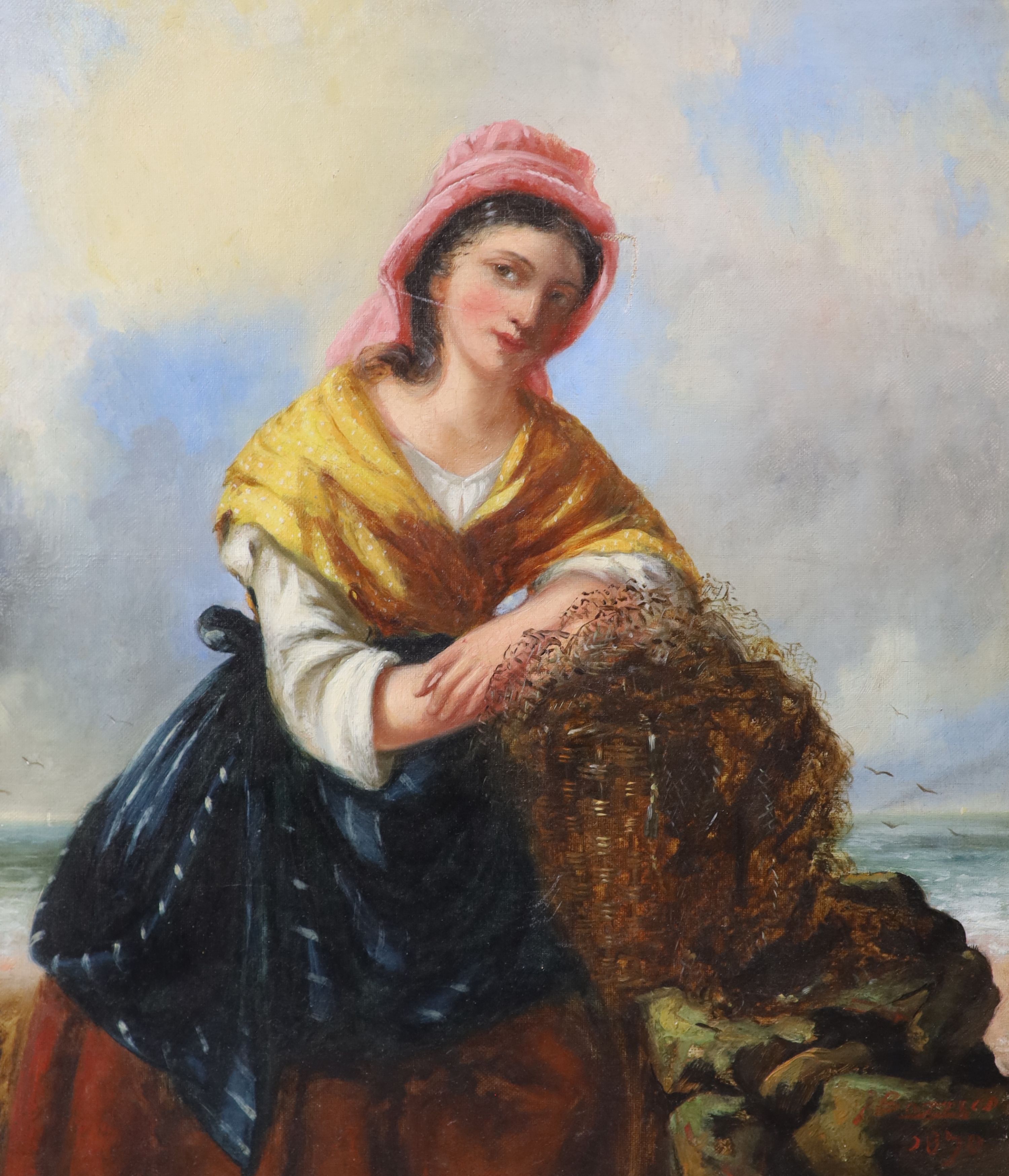 Victorian School, oil on canvas, Fisherwoman on the shore, indistinctly signed and dated 1870, 40 x 35cm